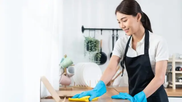 Asian,Young,Cleaning,Service,Woman,Worker,Clean,Kitchen,Table,At